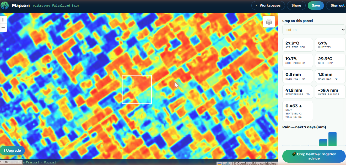 Mapzari live: a 10 m Sentinel-2 NDVI map of farmland near Faisalabad with a drawn field parcel and live temperature, humidity, soil-moisture and rainfall readings